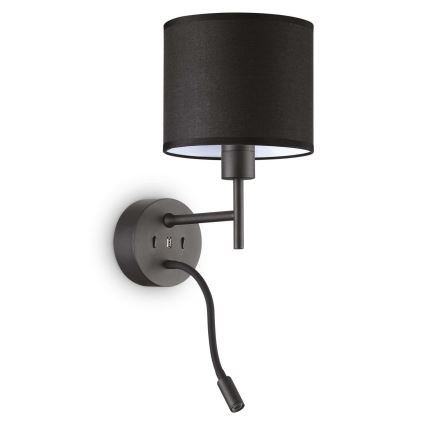 Ideal Lux - LED Flexibel lamp met een houder SET UP 1xE27/42W + LED/3W/230V CRI 90 USB zwart