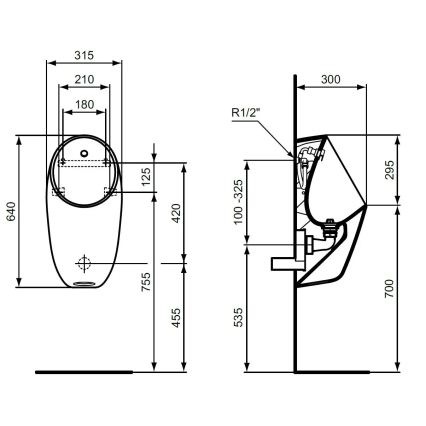 Ideal Standard E253701 - Urinoir I.LIFE, arrivée d'eau arrière, évacuation arrière, céramique/blanc