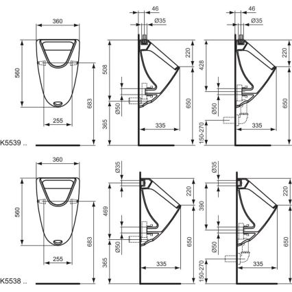 Ideal Standard K553901 - Urinoir EUROVIT alimentation supérieure, évacuation arrière céramique/blanc