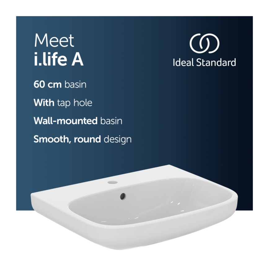 Ideal Standard T470501 - Wandgemonteerde wastafel I.LIFE A 60x48 cm keramiek/wit
