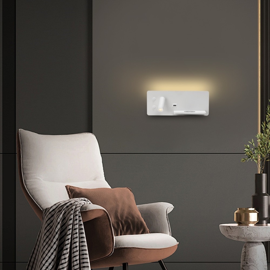 Immax 08285L - LED Wandspot met plank, USB-aansluiting en draadloos opladen Be PREPARE LED/3W/230V + LED/3W wit