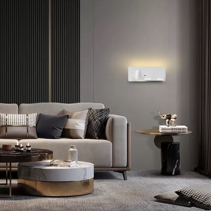 Immax 08285L - LED Wandspot met plank, USB-aansluiting en draadloos opladen Be PREPARE LED/3W/230V + LED/3W wit