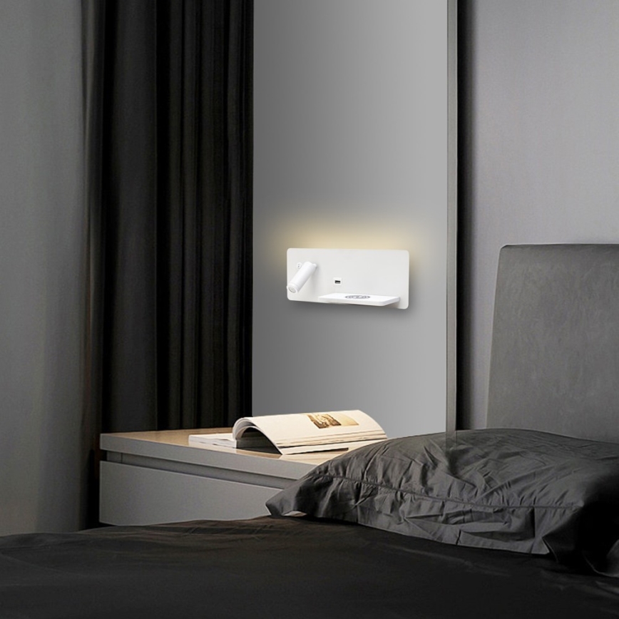 Immax 08285L - LED Wandspot met plank, USB-aansluiting en draadloos opladen Be PREPARE LED/3W/230V + LED/3W wit