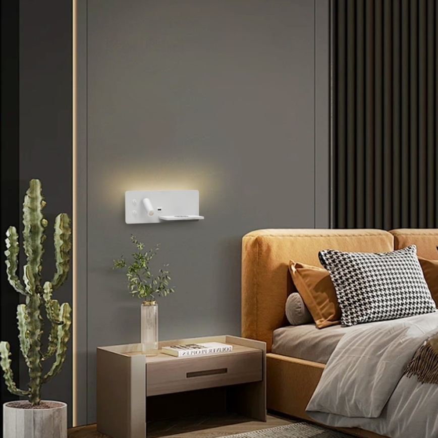 Immax 08285L - LED Wandspot met plank, USB-aansluiting en draadloos opladen Be PREPARE LED/3W/230V + LED/3W wit