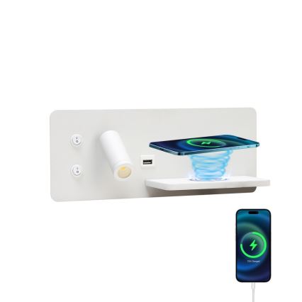 Immax 08285L - LED Wandspot met plank, USB-aansluiting en draadloos opladen Be PREPARE LED/3W/230V + LED/3W wit