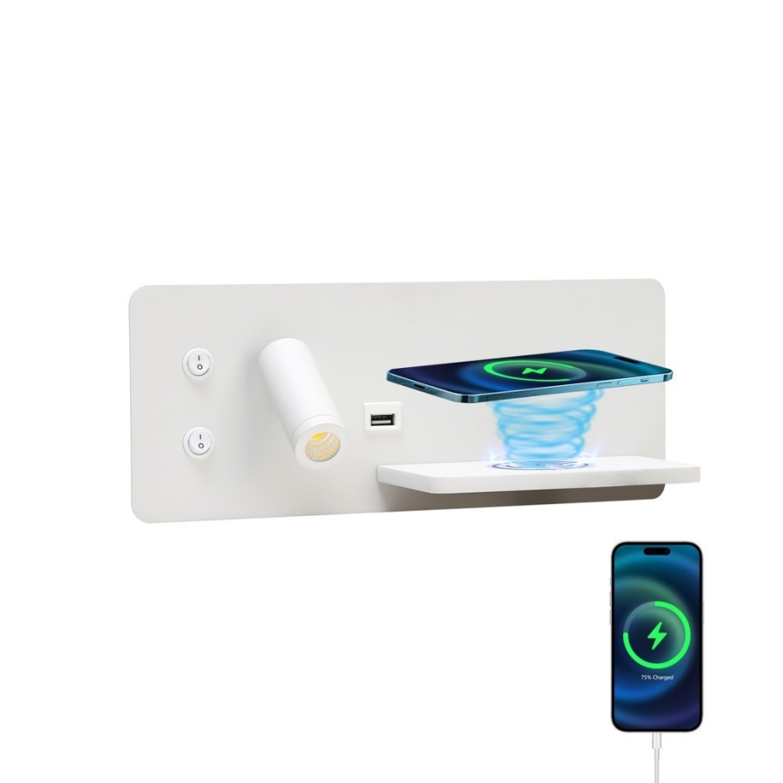 Immax 08285L - LED Wandspot met plank, USB-aansluiting en draadloos opladen Be PREPARE LED/3W/230V + LED/3W wit