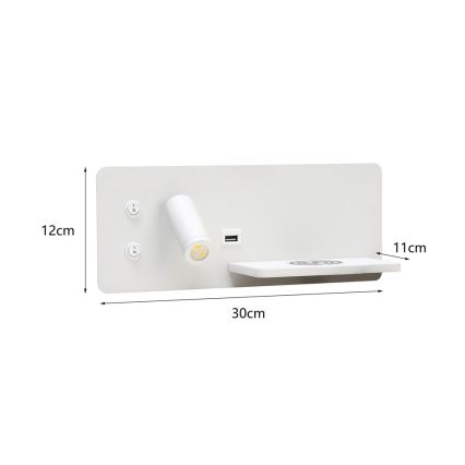 Immax 08285L - LED Wandspot met plank, USB-aansluiting en draadloos opladen Be PREPARE LED/3W/230V + LED/3W wit
