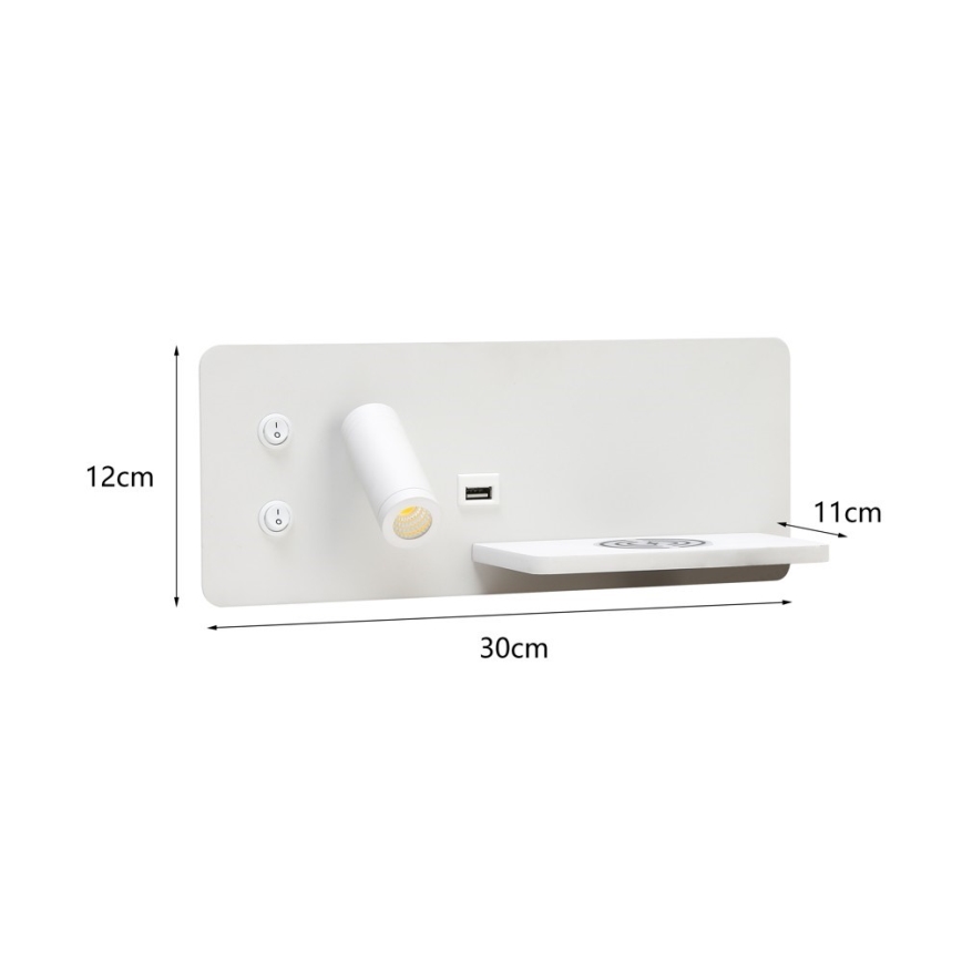 Immax 08285L - LED Wandspot met plank, USB-aansluiting en draadloos opladen Be PREPARE LED/3W/230V + LED/3W wit