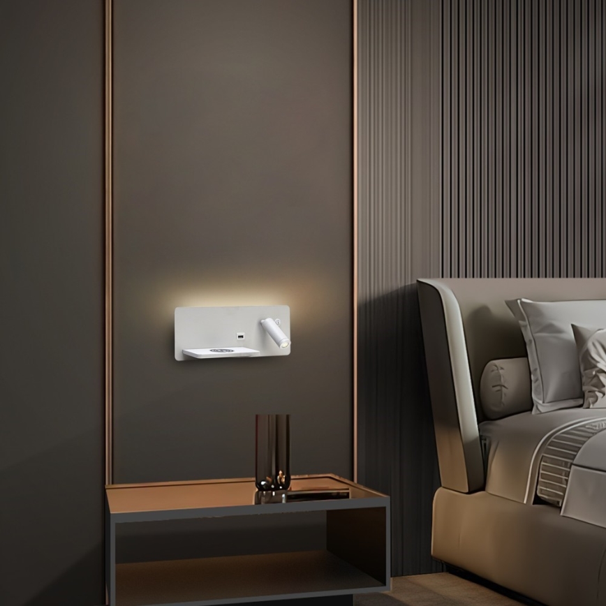 Immax 08286L - LED Wandspot met plank, USB-aansluiting en draadloos opladen Be PREPARE LED/3W/230V + LED/3W wit