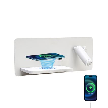 Immax 08286L - LED Wandspot met plank, USB-aansluiting en draadloos opladen Be PREPARE LED/3W/230V + LED/3W wit