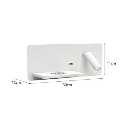 Immax 08286L - LED Wandspot met plank, USB-aansluiting en draadloos opladen Be PREPARE LED/3W/230V + LED/3W wit