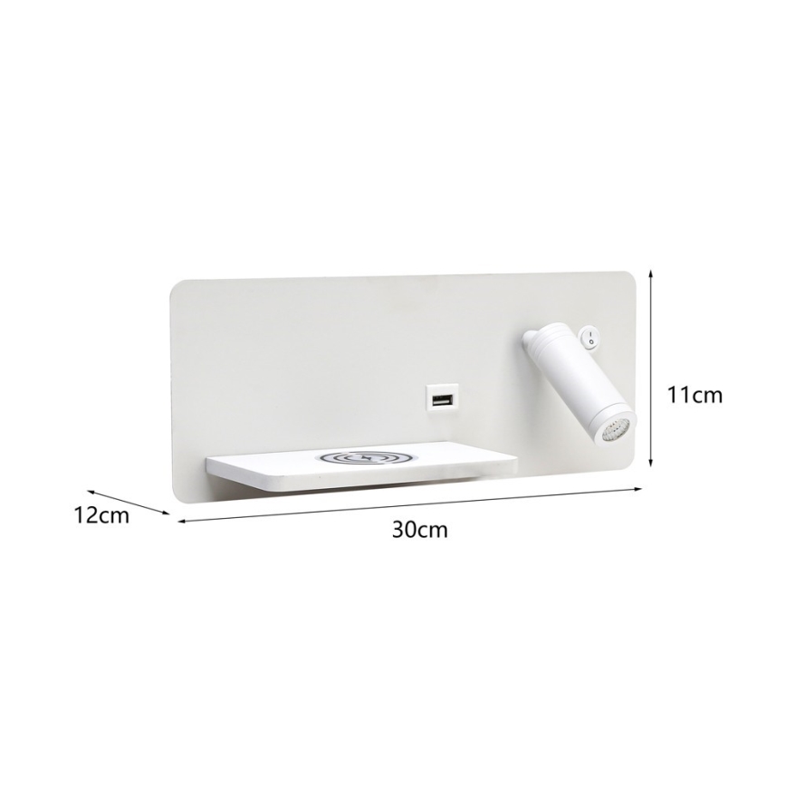 Immax 08286L - LED Wandspot met plank, USB-aansluiting en draadloos opladen Be PREPARE LED/3W/230V + LED/3W wit