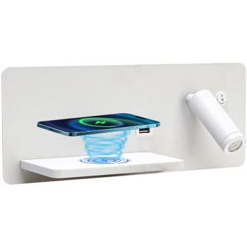 Immax 08286L - LED Wandspot met plank, USB-aansluiting en draadloos opladen Be PREPARE LED/3W/230V + LED/3W wit