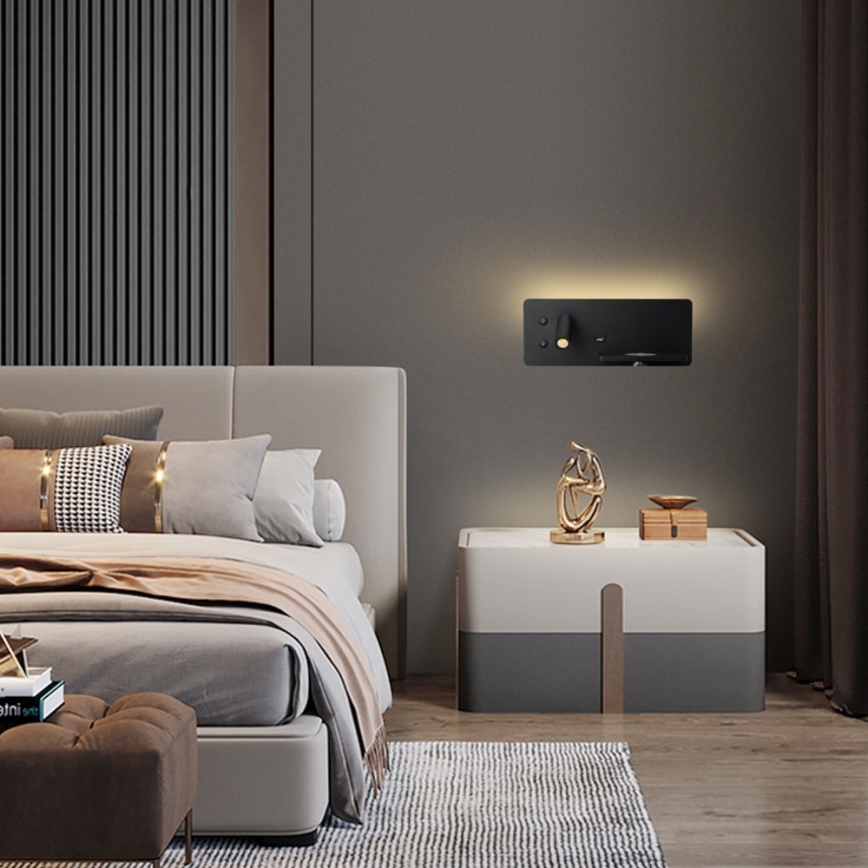 Immax 08287L - LED Wandspot met plank, USB-aansluiting en draadloos opladen Be PREPARE LED/3W/230V + LED/3W zwart