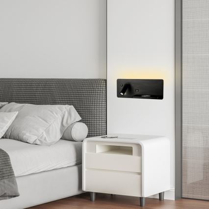 Immax 08287L - LED Wandspot met plank, USB-aansluiting en draadloos opladen Be PREPARE LED/3W/230V + LED/3W zwart