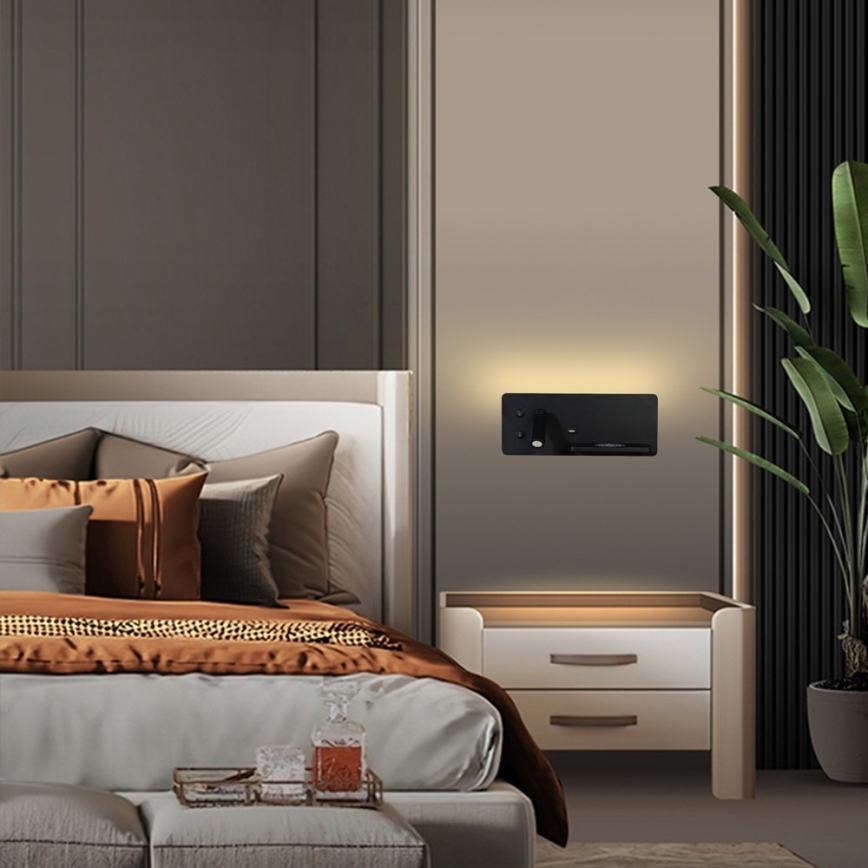 Immax 08287L - LED Wandspot met plank, USB-aansluiting en draadloos opladen Be PREPARE LED/3W/230V + LED/3W zwart