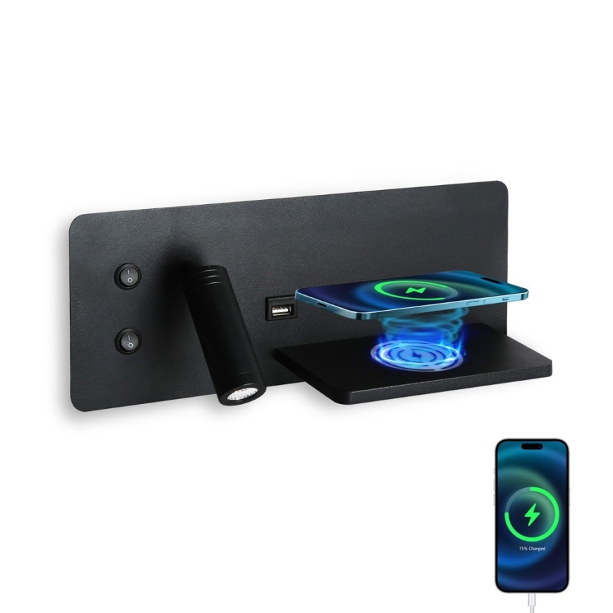 Immax 08287L - LED Wandspot met plank, USB-aansluiting en draadloos opladen Be PREPARE LED/3W/230V + LED/3W zwart