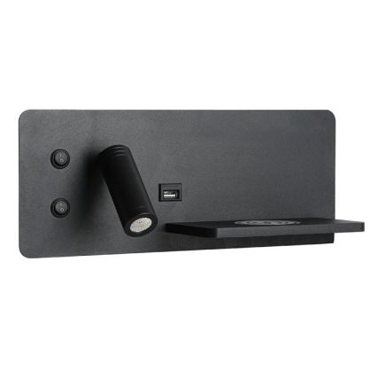 Immax 08287L - LED Wandspot met plank, USB-aansluiting en draadloos opladen Be PREPARE LED/3W/230V + LED/3W zwart