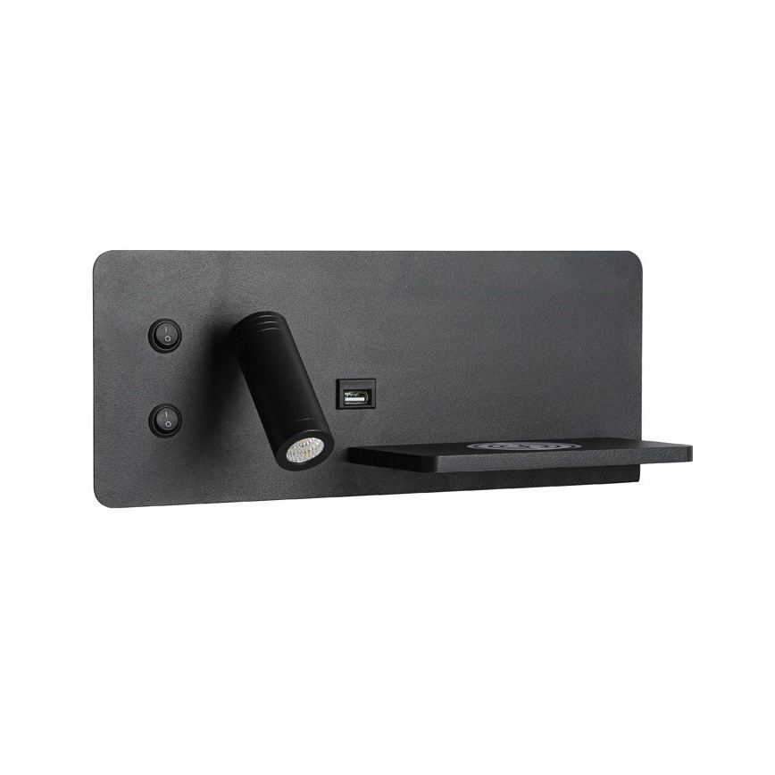 Immax 08287L - LED Wandspot met plank, USB-aansluiting en draadloos opladen Be PREPARE LED/3W/230V + LED/3W zwart