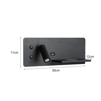 Immax 08287L - LED Wandspot met plank, USB-aansluiting en draadloos opladen Be PREPARE LED/3W/230V + LED/3W zwart