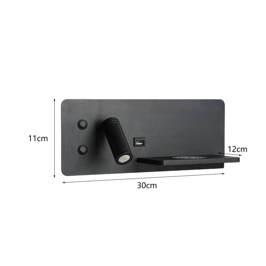 Immax 08287L - LED Wandspot met plank, USB-aansluiting en draadloos opladen Be PREPARE LED/3W/230V + LED/3W zwart