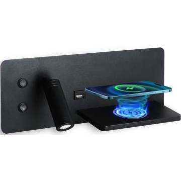 Immax 08287L - LED Wandspot met plank, USB-aansluiting en draadloos opladen Be PREPARE LED/3W/230V + LED/3W zwart