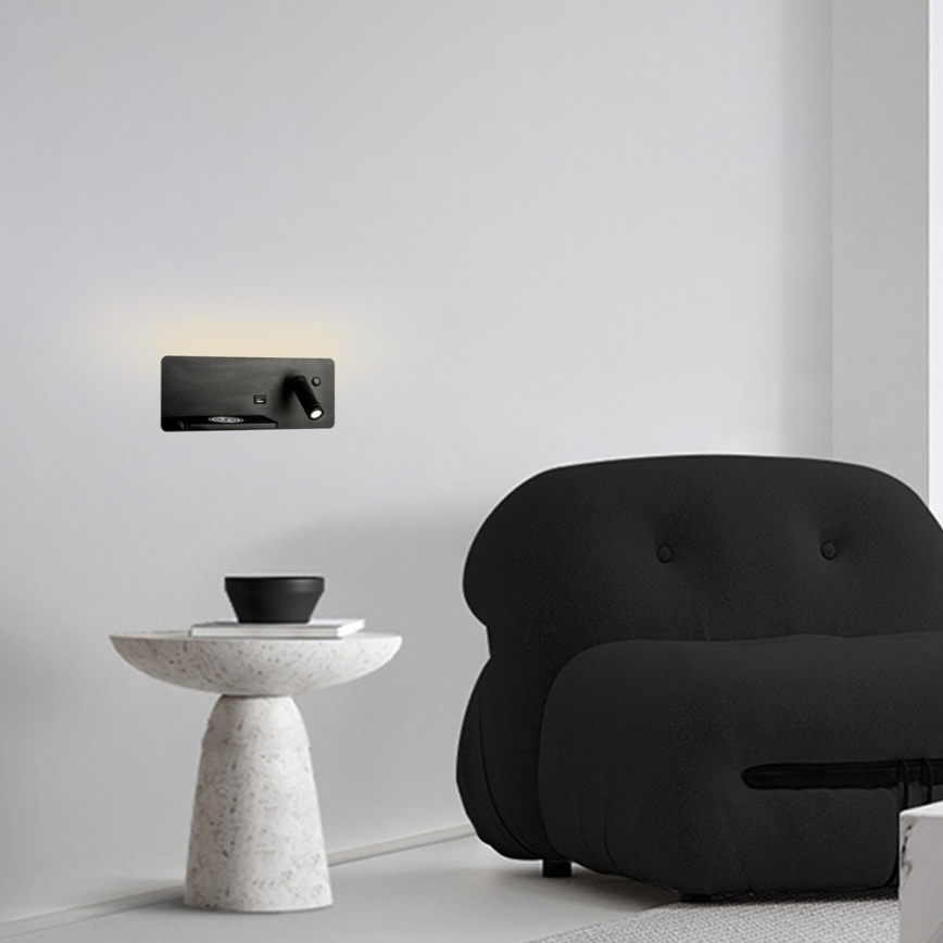 Immax 08288L - Spot mural avec tablette, port USB et charge sans fil Be PREPARE LED/3W/230V + LED/3W noir