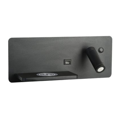 Immax 08288L - Spot mural avec tablette, port USB et charge sans fil Be PREPARE LED/3W/230V + LED/3W noir