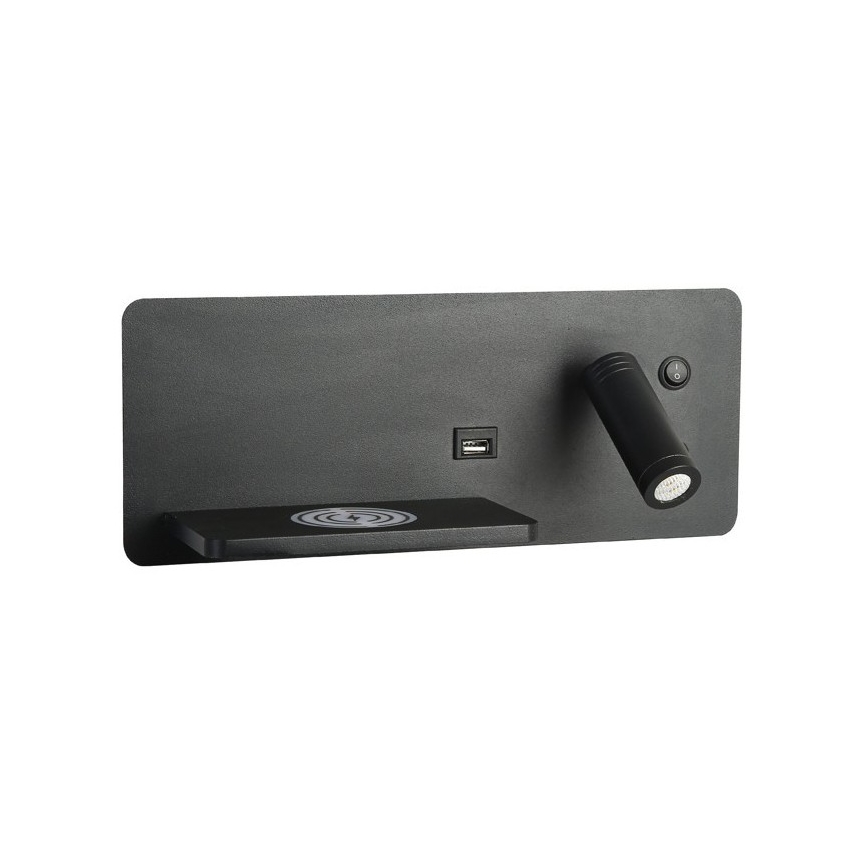 Immax 08288L - Spot mural avec tablette, port USB et charge sans fil Be PREPARE LED/3W/230V + LED/3W noir