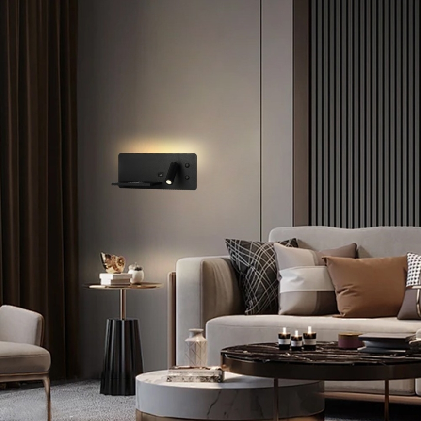 Immax 08288L - LED Wandspot met plank, USB-aansluiting en draadloos opladen Be PREPARE LED/3W/230V + LED/3W zwart