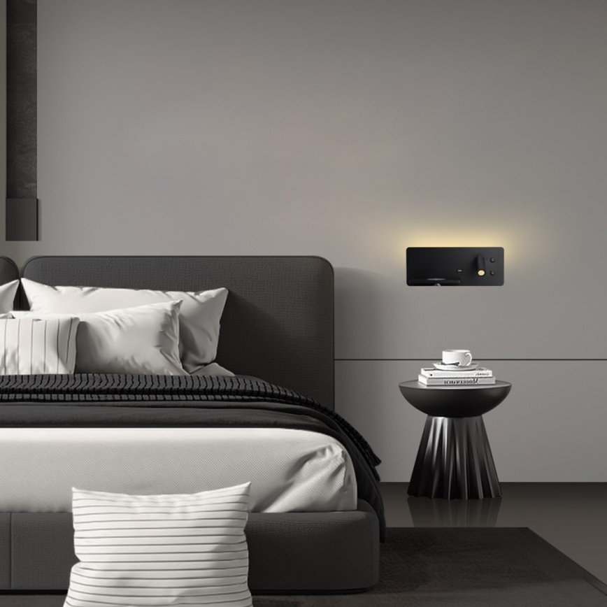 Immax 08288L - LED Wandspot met plank, USB-aansluiting en draadloos opladen Be PREPARE LED/3W/230V + LED/3W zwart