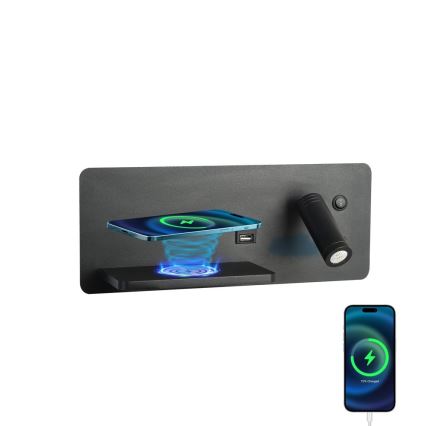 Immax 08288L - LED Wandspot met plank, USB-aansluiting en draadloos opladen Be PREPARE LED/3W/230V + LED/3W zwart
