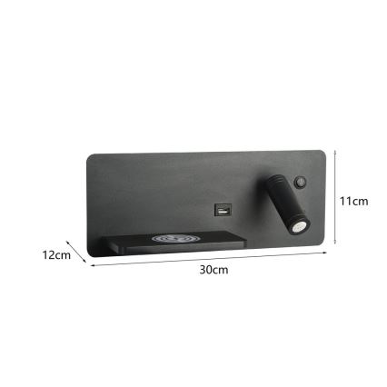 Immax 08288L - LED Wandspot met plank, USB-aansluiting en draadloos opladen Be PREPARE LED/3W/230V + LED/3W zwart