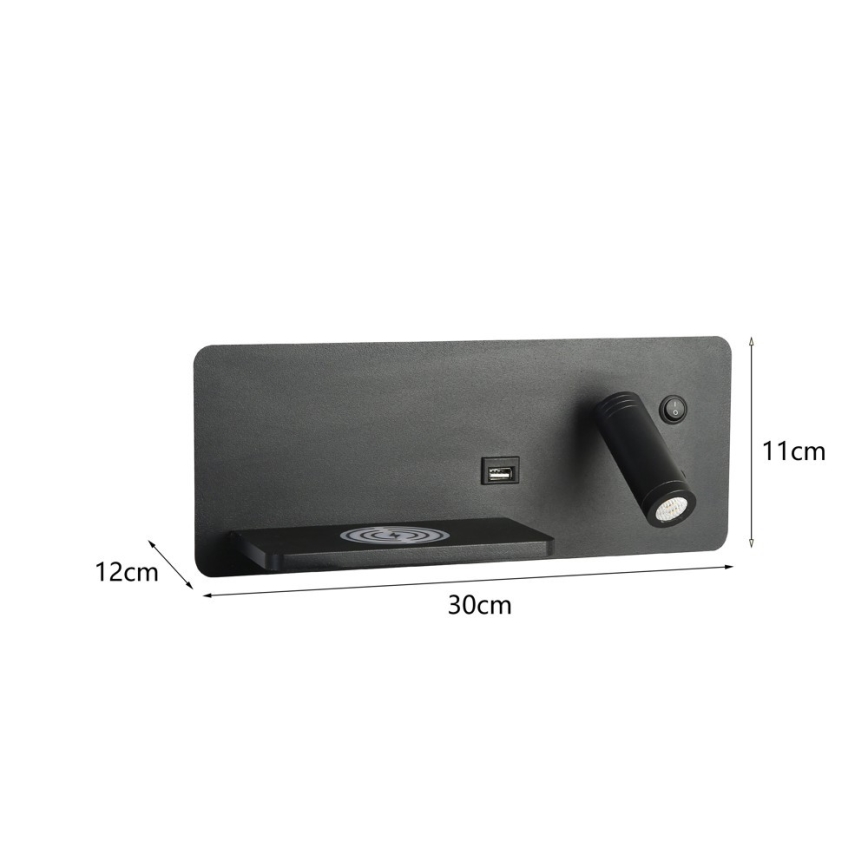 Immax 08288L - LED Wandspot met plank, USB-aansluiting en draadloos opladen Be PREPARE LED/3W/230V + LED/3W zwart