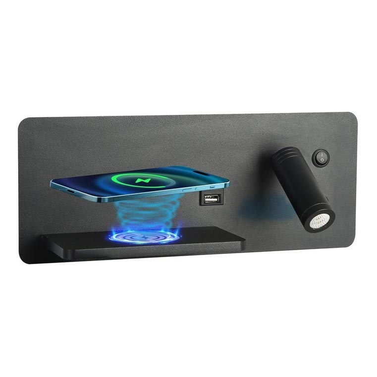 Immax 08288L - LED Wandspot met plank, USB-aansluiting en draadloos opladen Be PREPARE LED/3W/230V + LED/3W zwart