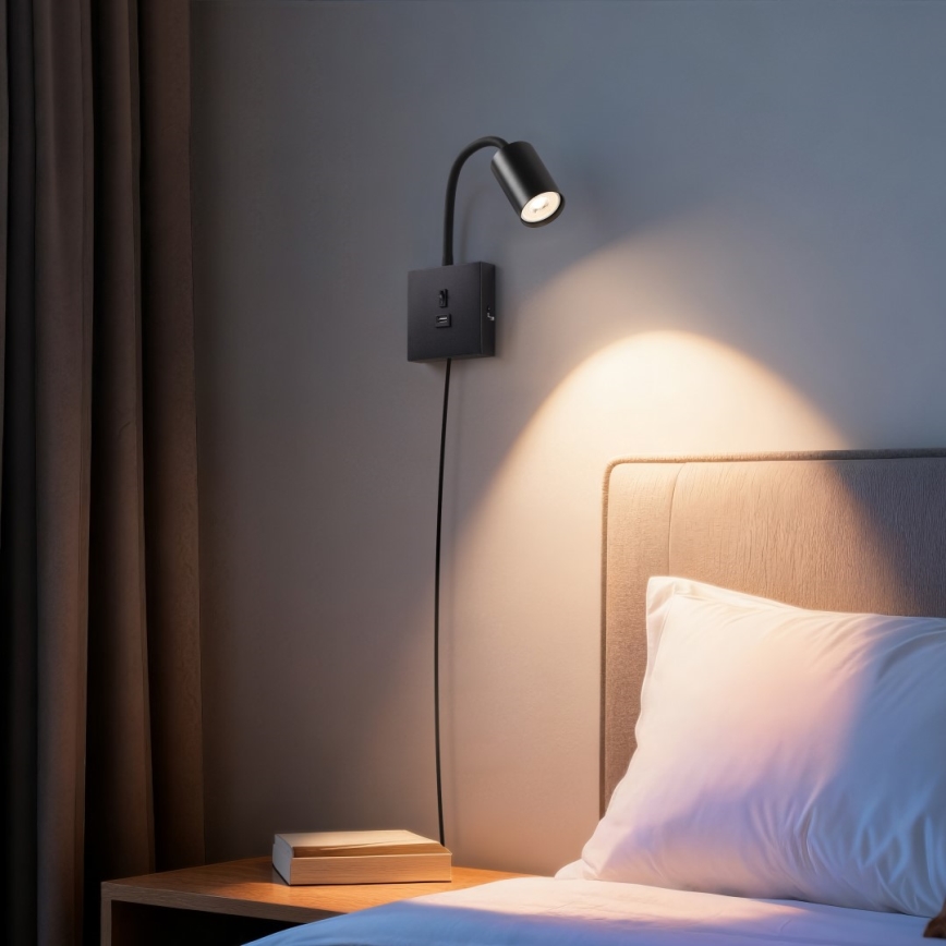 Lampe murale PUNTO avec port USB 1xGU10/9W/230V noire