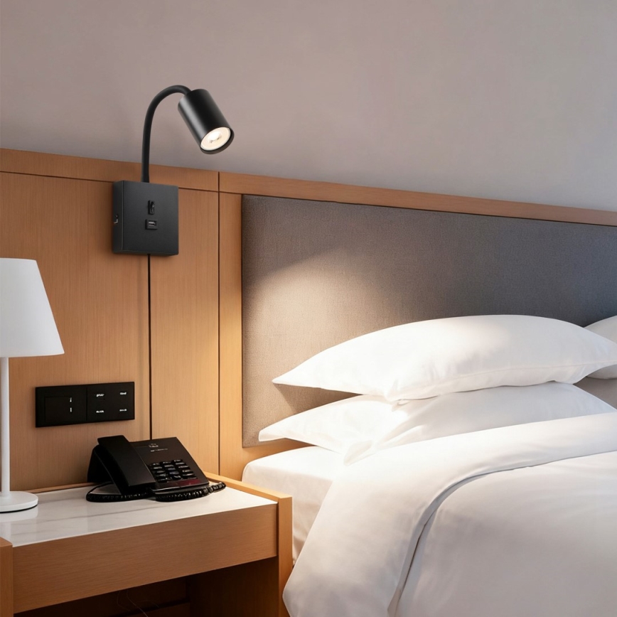 Lampe murale PUNTO avec port USB 1xGU10/9W/230V noire