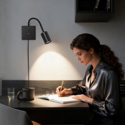 Wandlamp PUNTO met USB, 1xGU10/9W/230V, zwart