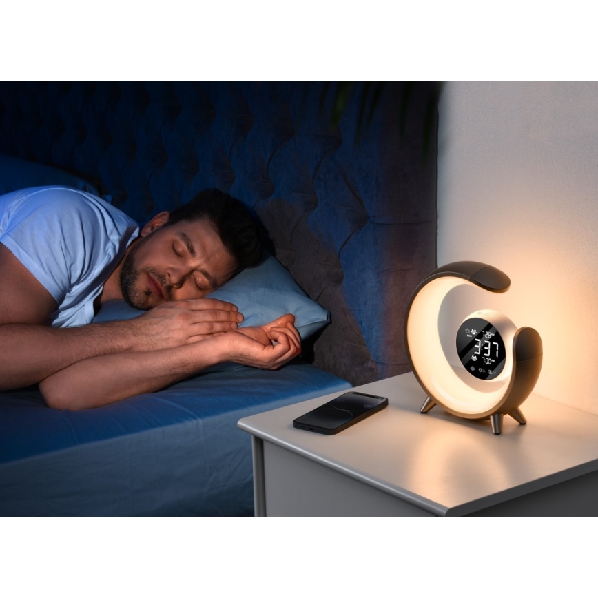 LED RGBW Dimbare tafellamp met wekker LED/20W/5V USB zilver