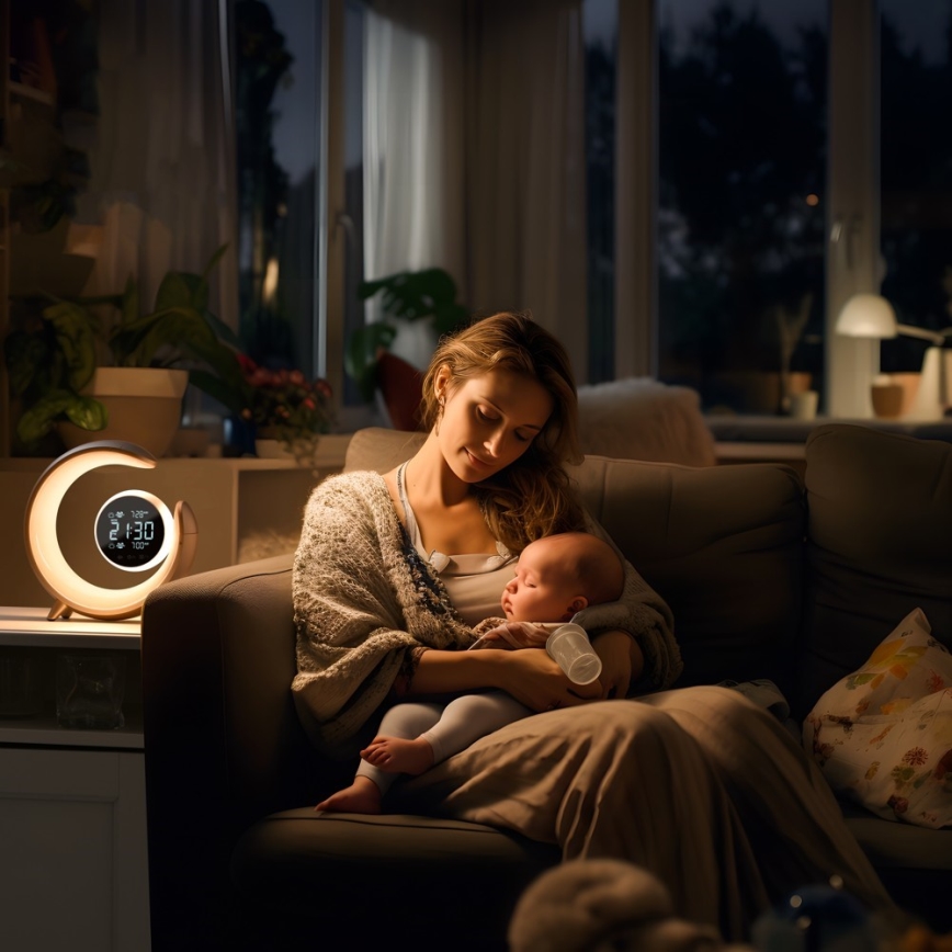 LED RGBW Dimbare tafellamp met wekker LED/20W/5V USB zilver
