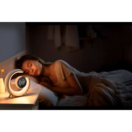 LED RGBW Dimbare tafellamp met wekker LED/20W/5V USB zilver