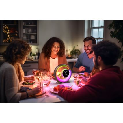 LED RGBW Dimbare tafellamp met wekker LED/20W/5V USB zilver