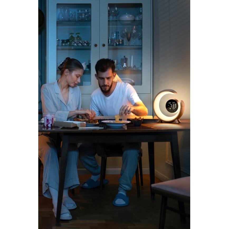 LED RGBW Dimbare tafellamp met wekker LED/20W/5V USB zilver