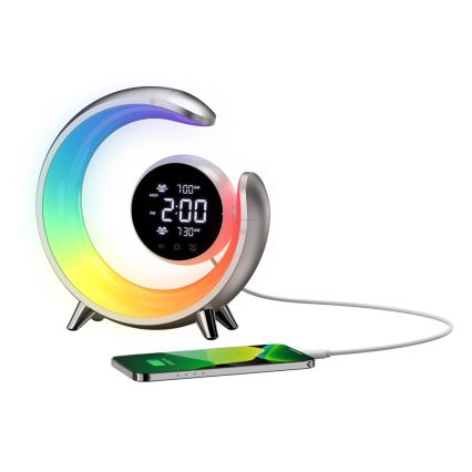 LED RGBW Dimbare tafellamp met wekker LED/20W/5V USB zilver