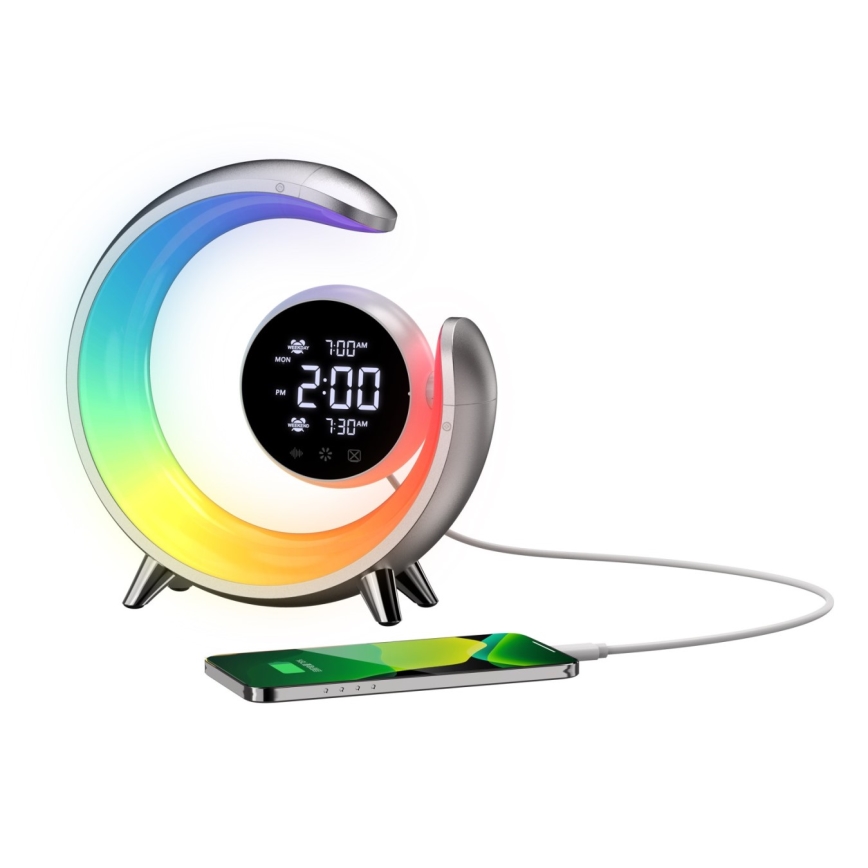 LED RGBW Dimbare tafellamp met wekker LED/20W/5V USB zilver
