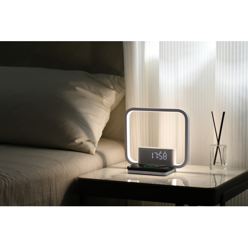Dimbare LED tafellamp met wekker en Qi opladen LED/18W/230V wit