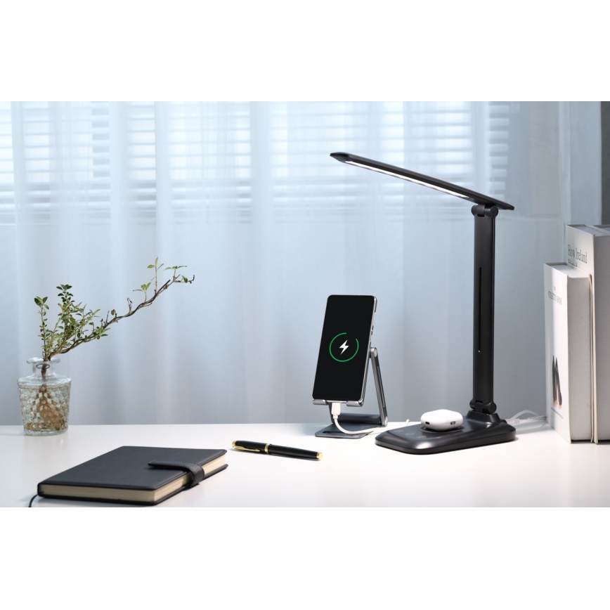 Lampe de bureau LED à intensité réglable avec chargeur sans fil Qi et port USB LUMI LED/7W/230V noire