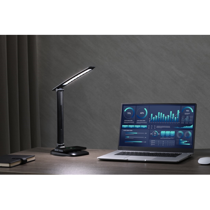 Lampe de bureau LED à intensité réglable avec chargeur sans fil Qi et port USB LUMI LED/7W/230V noire