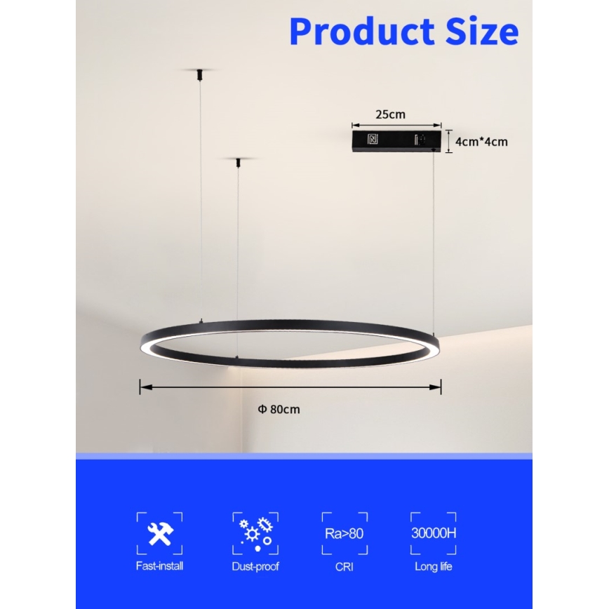 Immax NEO 07215L - Dimbare LED hanglamp aan een koord FINO LED/60W/230V 80 cm zwart Tuya + afstandsbediening