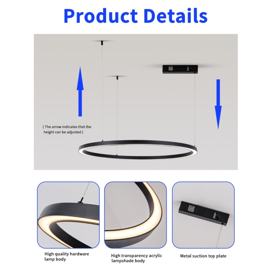 Immax NEO 07215L - Suspension filaire à intensité variable FINO LED/60W/230V 80 cm noir Tuya + télécommande